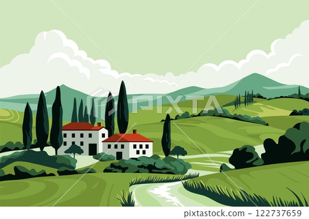 Italian summer fields landscape. Cartoon countryside panorama with Tuscany hills and village houses, rural valley with trees and mountains. Vector illustration Italian summer fields landscape. Cartoon countryside panorama with Tuscany hills and village houses, rural valley with trees and mountains. Vector illustration 122737659