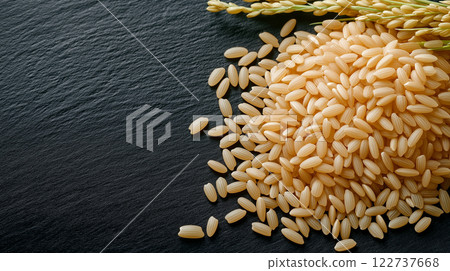 Fresh rice grains and rice plant on dark surface create natural feel 122737668