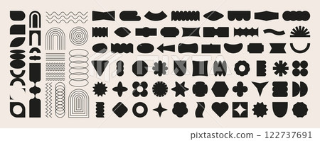 Brutalist geometric shapes. Modern simple 3D figures, minimal retro futuristic basic blocks, abstract bauhaus contemporary symbols. Vector set 122737691