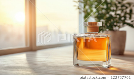 Elegant glass perfume bottle with amber liquid near window 122737701