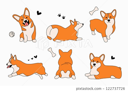 Corgi characters set. Cute cartoon puppies with different emotions, funny comic dog mascots for stickers and prints. Vector isolated collection 122737726