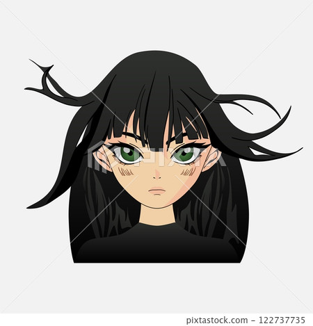 Anime girl portrait. Kawaii cute young woman face manga style, cartoon japanese comic character with big green eyes and angry expression. Vector isolated illustration Anime girl portrait. Kawaii cute young woman face manga style, cartoon japanese comic character with big green eyes and angry expression. Vector isolated illustration 122737735