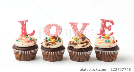 Create a festive and whimsical image of four cupcakes spelling out the word LOVE. 122737748