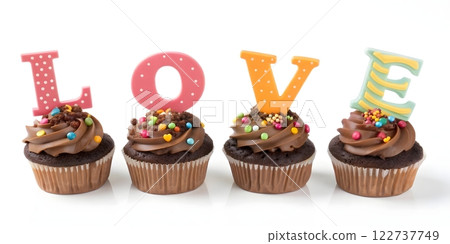 Create a festive and whimsical image of four cupcakes spelling out the word LOVE. 122737749