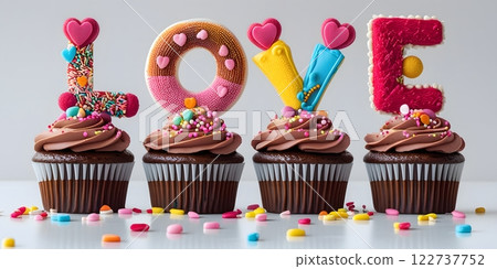 Create a festive and whimsical image of four cupcakes spelling out the word LOVE. Create a festive and whimsical image of four cupcakes spelling out the word LOVE. 122737752