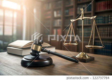 A photorealistic image of a judge's gavel and a scale of justice in a courtroom setting. The image should focus on the gavel and the scale of justice 122737764