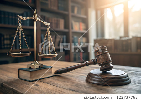 A photorealistic image of a judge's gavel and a scale of justice in a courtroom setting. The image should focus on the gavel and the scale of justice 122737765