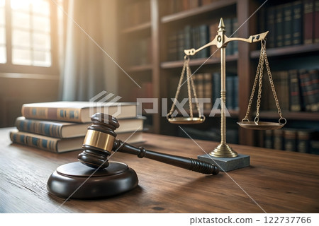 A photorealistic image of a judge's gavel and a scale of justice in a courtroom setting. The image should focus on the gavel and the scale of justice 122737766
