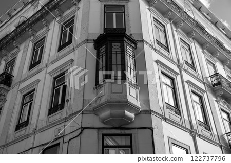 Facade of an old house with a bay window, European historical buildings, Lisbon, Portugal 122737796