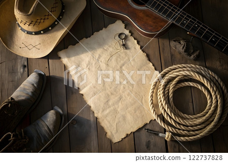 Create a photorealistic image of a rustic still life scene with Western elements. The central focus should be a piece of aged parchment paper lying on a wooden surface 122737828