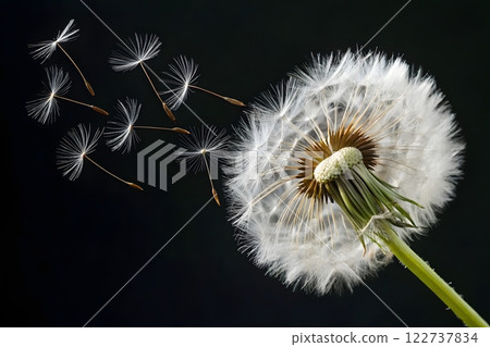 A close-up, macro photograph of a dandelion with seeds blowing away in the wind. The dandelion is in full bloom, with a large, fluffy white seed head. Several dandelion seeds are visible in the air A close-up, macro photograph of a dandelion with seeds blowing away in the wind. The dandelion is in full bloom, with a large, fluffy white seed head. Several dandelion seeds are visible in the air 122737834