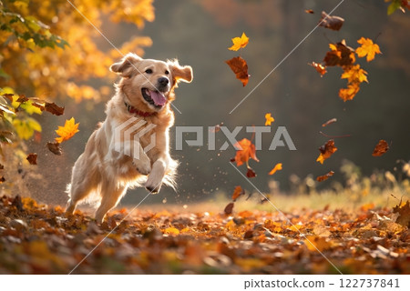A playful and energetic image of a Golden Retriever dog running through a field of falling autumn leaves. The dog is the central focus of the image 122737841