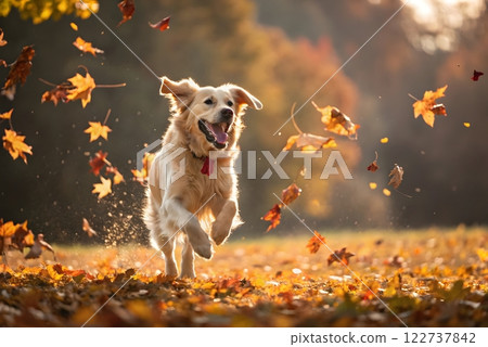 A playful and energetic image of a Golden Retriever dog running through a field of falling autumn leaves. The dog is the central focus of the image 122737842