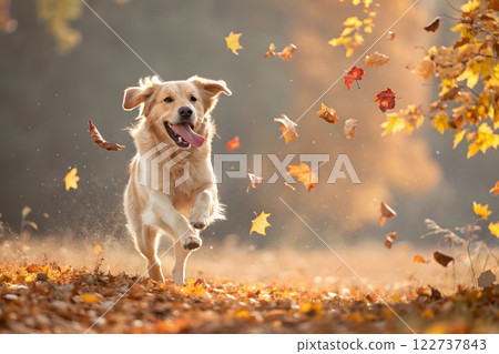 A playful and energetic image of a Golden Retriever dog running through a field of falling autumn leaves. The dog is the central focus of the image 122737843