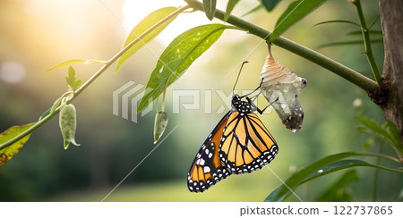 A photorealistic image of a butterfly emerging from its chrysalis, representing transformation and the importance of embracing change 122737865