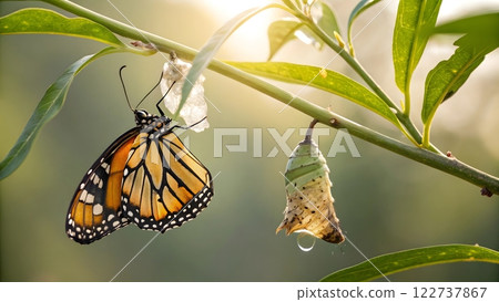 A photorealistic image of a butterfly emerging from its chrysalis, representing transformation and the importance of embracing change 122737867