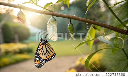 A photorealistic image of a butterfly emerging from its chrysalis, representing transformation and the importance of embracing change 122737868