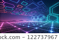 An abstract digital artwork featuring glowing, multicolored neon outlines of interconnected geometric shapes, primarily rectangles and squares, floating in a dark, futuristic environment 122737967