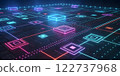 An abstract digital artwork featuring glowing, multicolored neon outlines of interconnected geometric shapes, primarily rectangles and squares, floating in a dark, futuristic environment 122737968