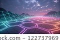 An abstract digital artwork featuring glowing, multicolored neon outlines of interconnected geometric shapes, primarily rectangles and squares, floating in a dark, futuristic environment 122737969