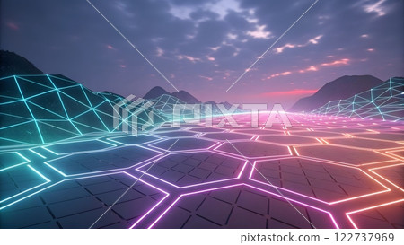 An abstract digital artwork featuring glowing, multicolored neon outlines of interconnected geometric shapes, primarily rectangles and squares, floating in a dark, futuristic environment An abstract digital artwork featuring glowing, multicolored neon outlines of interconnected geometric shapes, primarily rectangles and squares, floating in a dark, futuristic environment 122737969