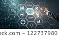 A futuristic and abstract image representing the concept of skills, knowledge, and ability. Use a hexagonal grid layout or a similar geometric pattern to represent interconnected concepts 122737980