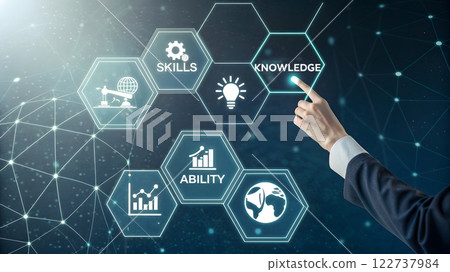 A futuristic and abstract image representing the concept of skills, knowledge, and ability. Use a hexagonal grid layout or a similar geometric pattern to represent interconnected concepts 122737984