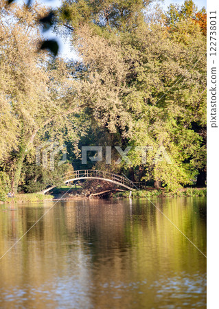 A Serene Reflection of a Bridge Across a Beautiful and Lush Green Landscape That Inspires Peace 122738011