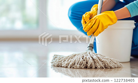 Cleaner in work clothes and rubber gloves 122738405