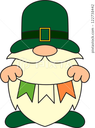 St. Patrick's Day, leprechaun with a long beard, garland of paper flags in his hands, flag of Ireland, retro vintage style, vector flat icon isolated on a white transparent background 122738442
