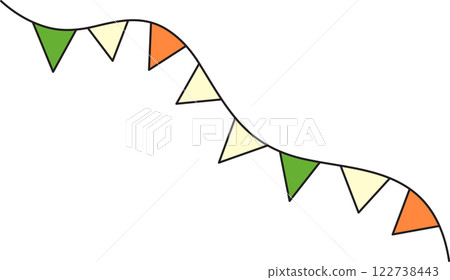 St. Patrick's Day, a garland of triangular paper flags in the colors of the flag of Ireland, green, white, orange, retro vintage style, vector flat icon isolated on a white transparent background 122738443