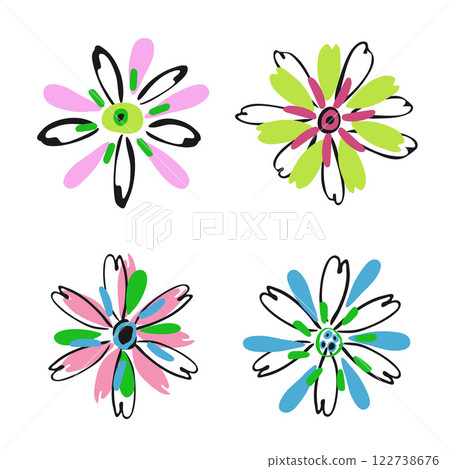 Freehand flower shape, isolated elements, clipart bloom set. Hand drawn doodle cartoon style design. Ink brush stroke contour. Cute floral web decor. Bright spring shades colour vector illustration Freehand flower shape, isolated elements, clipart bloom set. Hand drawn doodle cartoon style design. Ink brush stroke contour. Cute floral web decor. Bright spring shades colour vector illustration 122738676