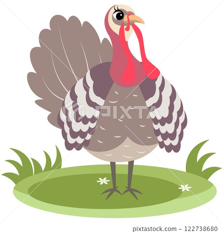 Farm Animals. Cute farm. There is an important turkey standing on the green grass. Collection of farm animals. Baby flat vector illustration. Isolated Farm Animals. Cute farm. There is an important turkey standing on the green grass. Collection of farm animals. Baby flat vector illustration. Isolated 122738680