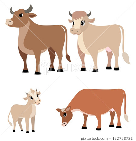 Farm Animals. Cute farm. Set of bull, cow and calf. Collection of farm animals. Baby flat vector illustration. Isolated Farm Animals. Cute farm. Set of bull, cow and calf. Collection of farm animals. Baby flat vector illustration. Isolated 122738721
