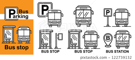 Bus stop auto parking station place, autobus public passenger transport shelter road sign, coach transportation park lot line icon. Tourist shuttle car arrival street waiting zone. City trip. Vector 122739132