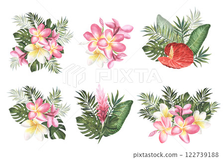 set Tropical watercolor flowers. card with floral illustration. Bouquet of flowers with exotic Leaf isolated on white background. composition for invitation to a party or holiday 122739188