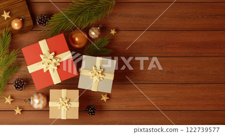 Festive Wreath and Book on Wooden Surface 3D Render. Festive Wreath and Book on Wooden Surface 3D Render. 122739577