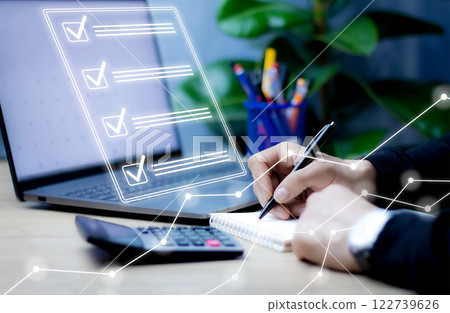 Business concept, accounting and sales growth, Businessman analyzing sales data and task list, sales growth and doing business online 122739626