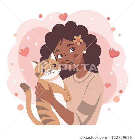 Cute young girl hugging cat. Pet owner. Cat lover. Flat style illustration. Cute young girl hugging cat. Pet owner. Cat lover. Flat style illustration. 122739636