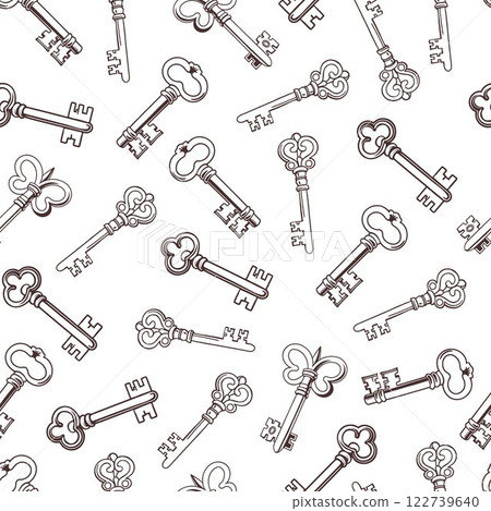 Seamless pattern with vintage keys. Retro background, black and white monochrome illustration. 122739640