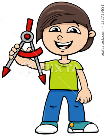 cartoon elementary age student boy with school compass cartoon elementary age student boy with school compass 122739651