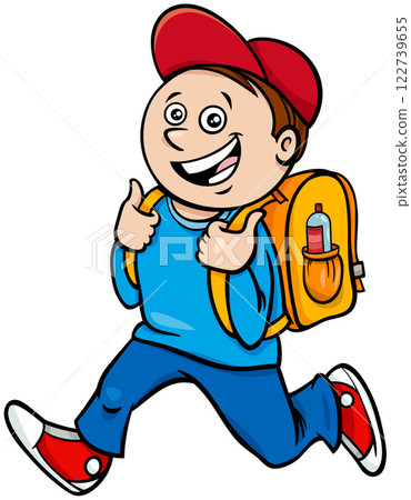 cartoon elementary age student boy with school bag 122739655