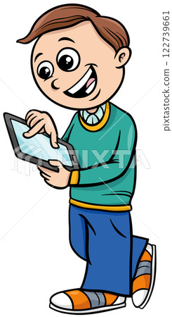 cartoon elementary age boy with digital tablet 122739661
