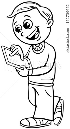 cartoon elementary age boy with digital tablet coloring page 122739662