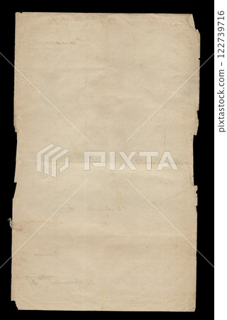 Old vintage torn creased paper sheet on black. Old vintage torn creased paper sheet on black. 122739716