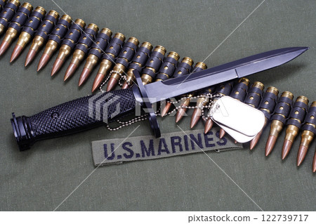 US MARINES uniform with bayonet, dog tags and ammunition belt 122739717