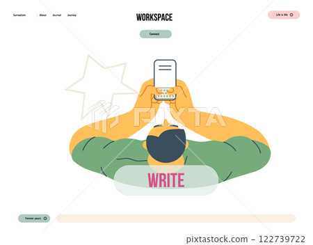 Writing people, modern flat vector concept illustration- sitting man thoughtfully writing on laptop, bubble near head, top view. Metaphor for reflection, insight, contemplation, creative expression 122739722