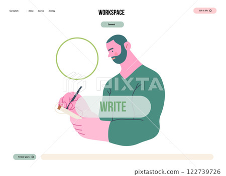 Writing people, modern flat vector concept illustration- standing man thoughtfully writing on notebook, bubble near head Metaphor for reflection, personal insight, contemplation, creative expression 122739726