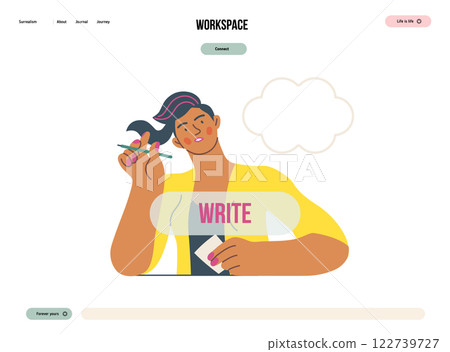 Writing people, modern flat vector concept illustration- sitting woman thoughtfully writing on paper, bubble near head Metaphor for reflection, personal insight, contemplation, creative expression 122739727