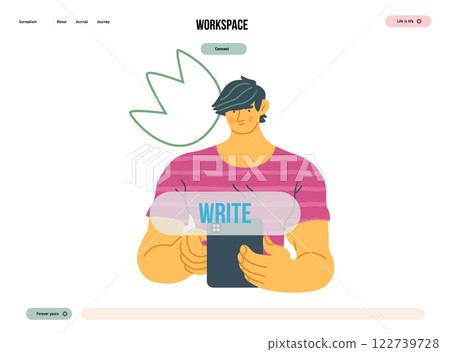 Writing people, modern flat vector concept illustration- standing man thoughtfully writing on tablet, bubble near head Metaphor for reflection, personal insight, contemplation, creative expression Writing people, modern flat vector concept illustration- standing man thoughtfully writing on tablet, bubble near head Metaphor for reflection, personal insight, contemplation, creative expression 122739728